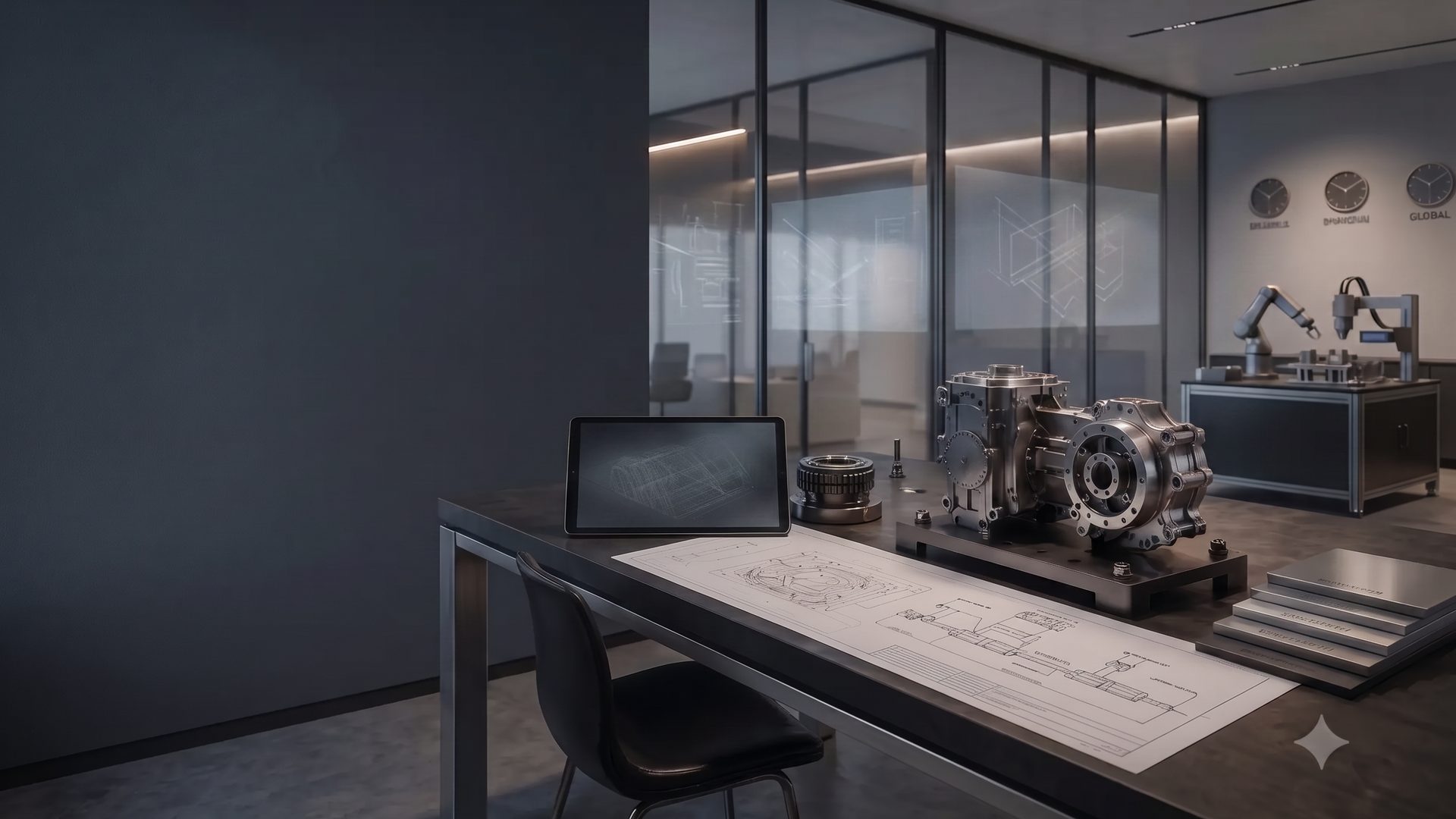 Engineering review space with a precision machined assembly, technical drawings and production monitoring screens.