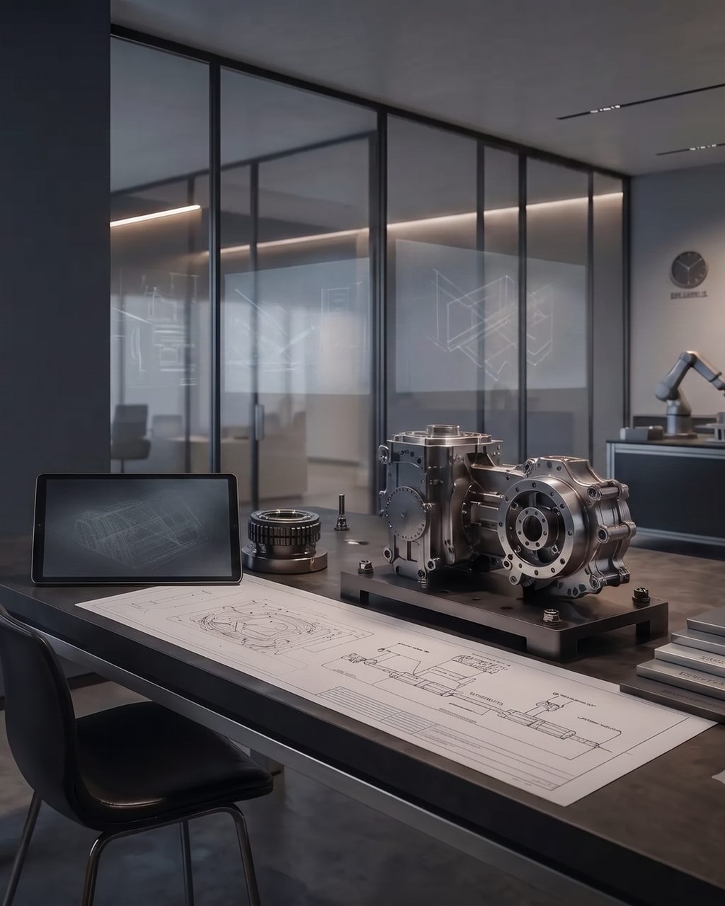Precision machined assembly and technical drawings in an engineering review space.